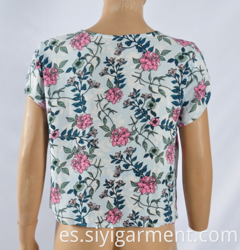 Woman's V-Neck Short-Sleeved Rayon Print Blouse